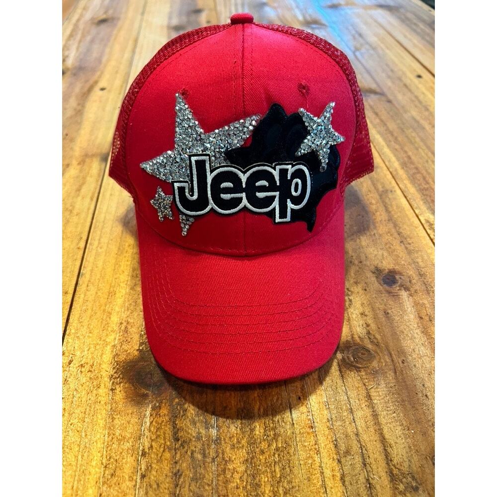 Jeep Girl Rhinestone Star Trucker Hat Red Wild Horses Wildflowers Bling Cap